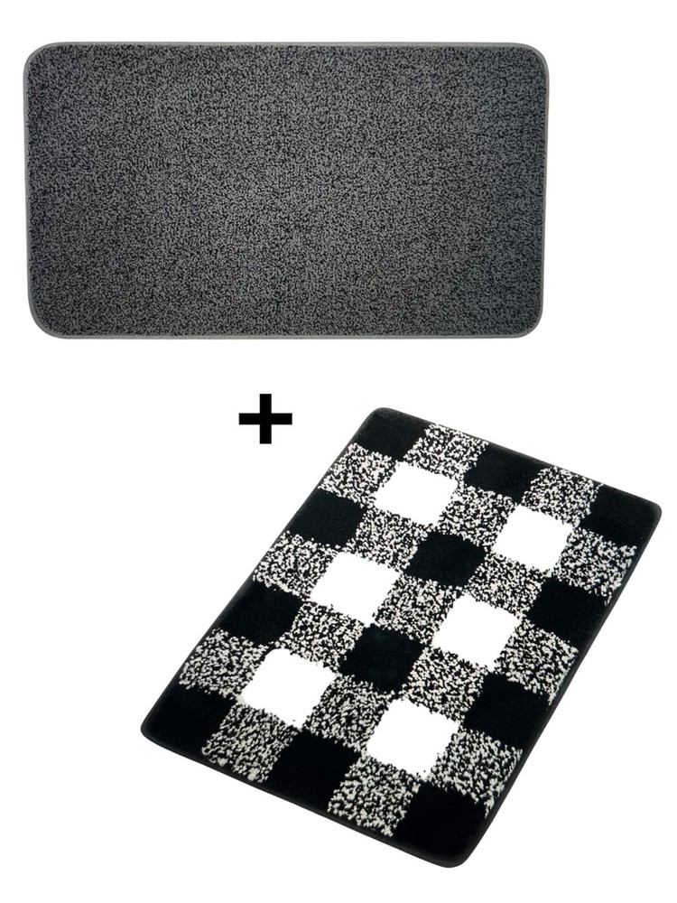 PiccoCasa Microfiber Plaid Pattern Bathroom Rugs+LINLA Indoor Doormat,Mud Mat