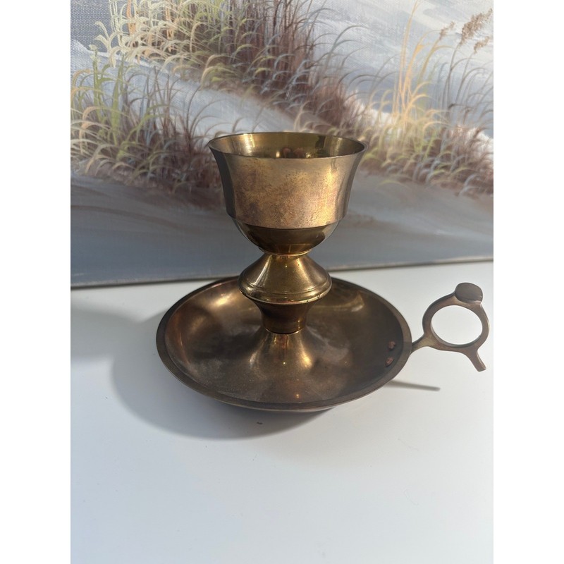 Vintage Solid Brass Chamberstick Candle Holder with Finger Loop Handle Patina gallery