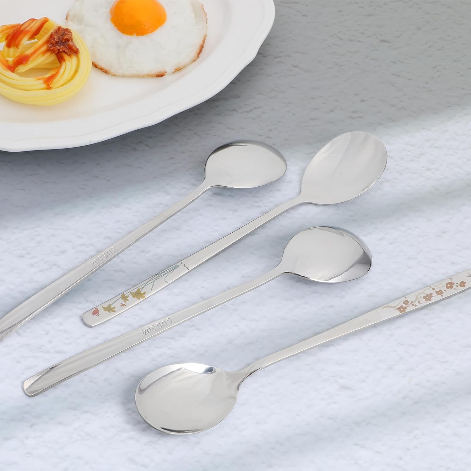 4pc Korean Soup Spoon Set 8" Stainless Steel Long Handle Floral Engraved Spoons gallery