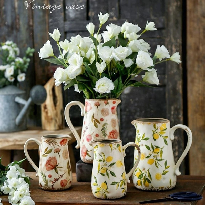 Retro Rustic Large Ceramic Vase w/ Handle, Distressed Farmhouse Pitcher gallery
