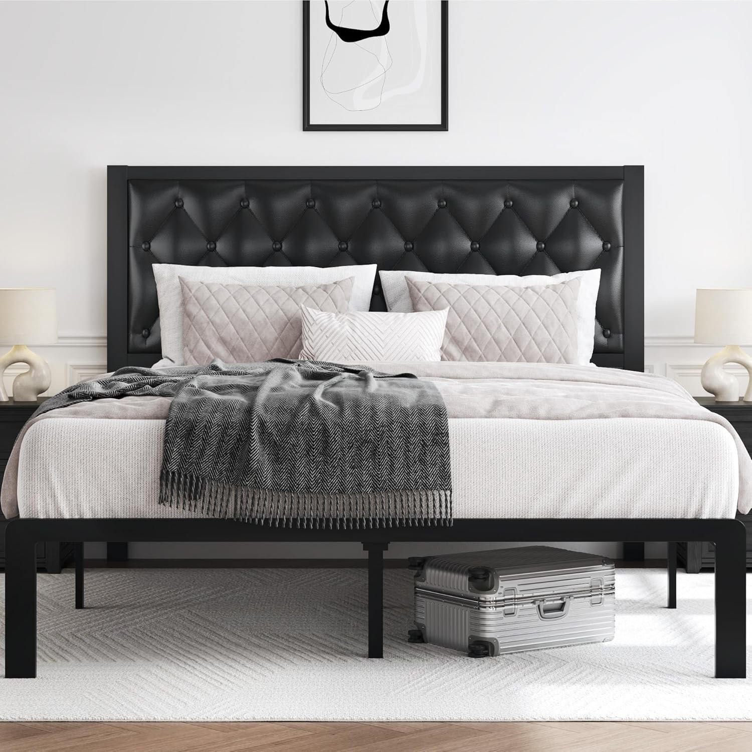 Queen Bed Frame Upholstered Button Tufted Headboard Platform Metal Slats Support gallery
