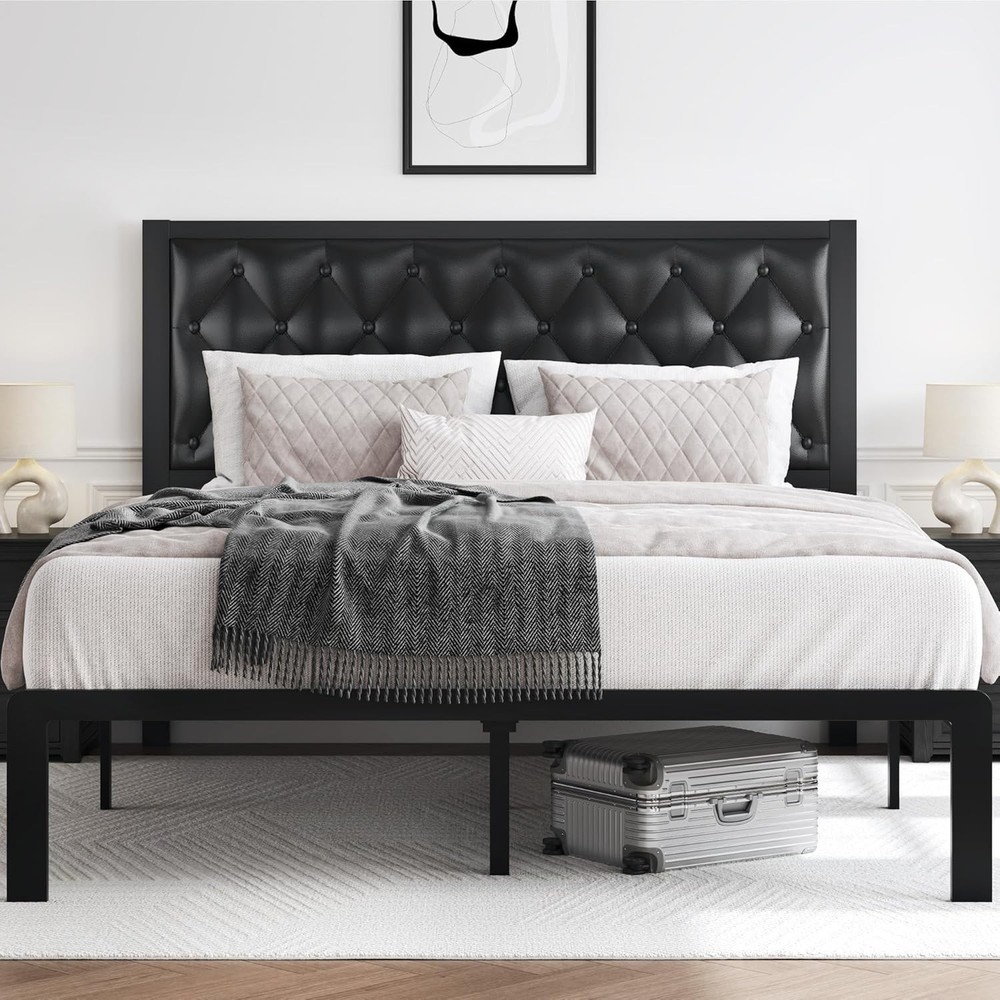 Queen Bed Frame Upholstered Button Tufted Headboard Platform Metal Slats Support