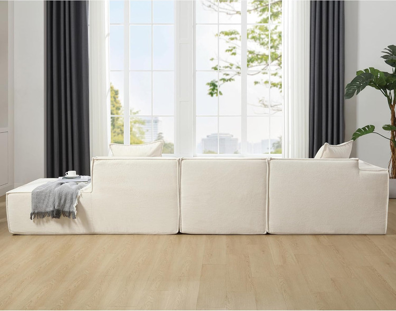 Beige 129" Modular Polyester Sofa Set with Chaise & Pillows 3 Seater Sofa Couch gallery