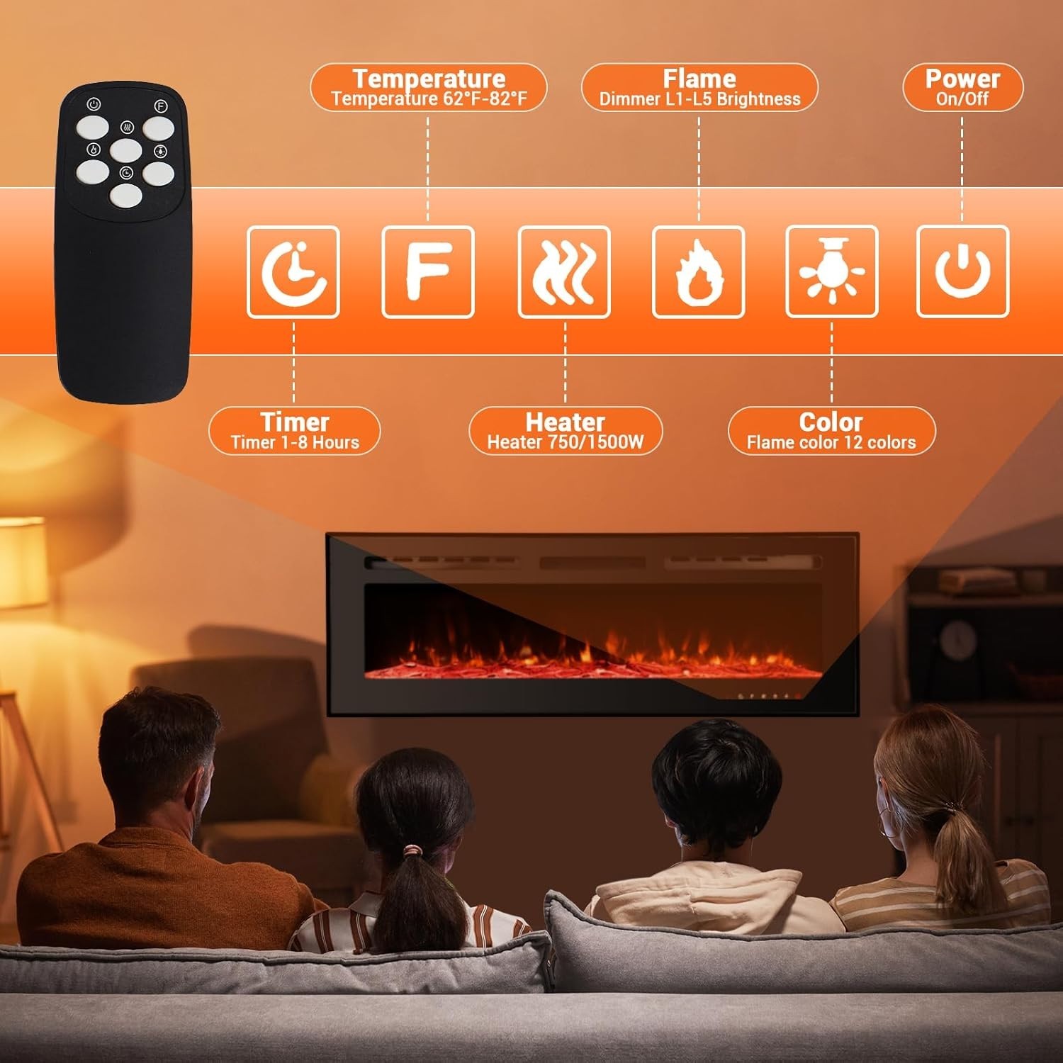 60" Ultra-Thin Recessed / Wall Mount Electric Fireplace, 1500W Heater, 12-Color gallery