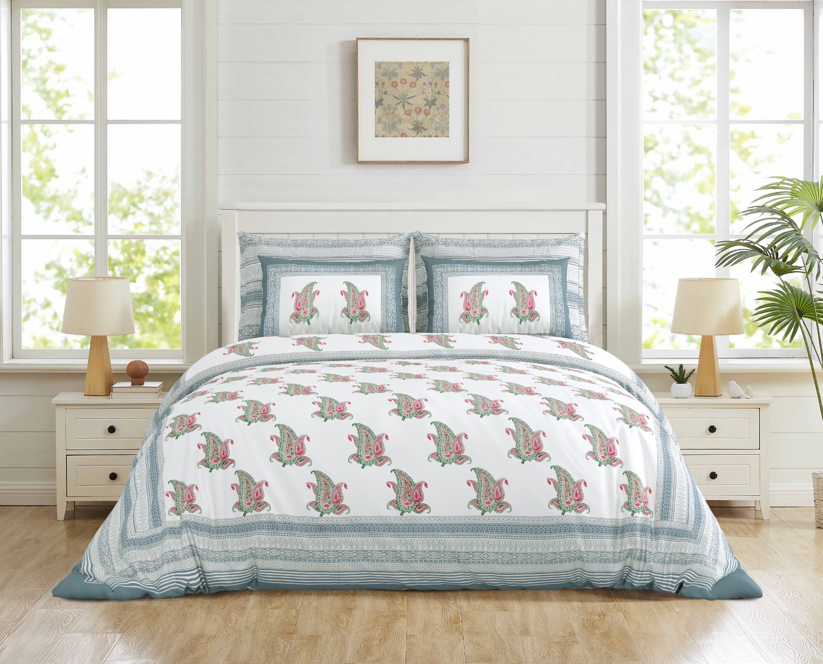 Real Handblock Printed Indian Cotton 1 Bedsheet with 2 Pillow Cover (108/108) gallery