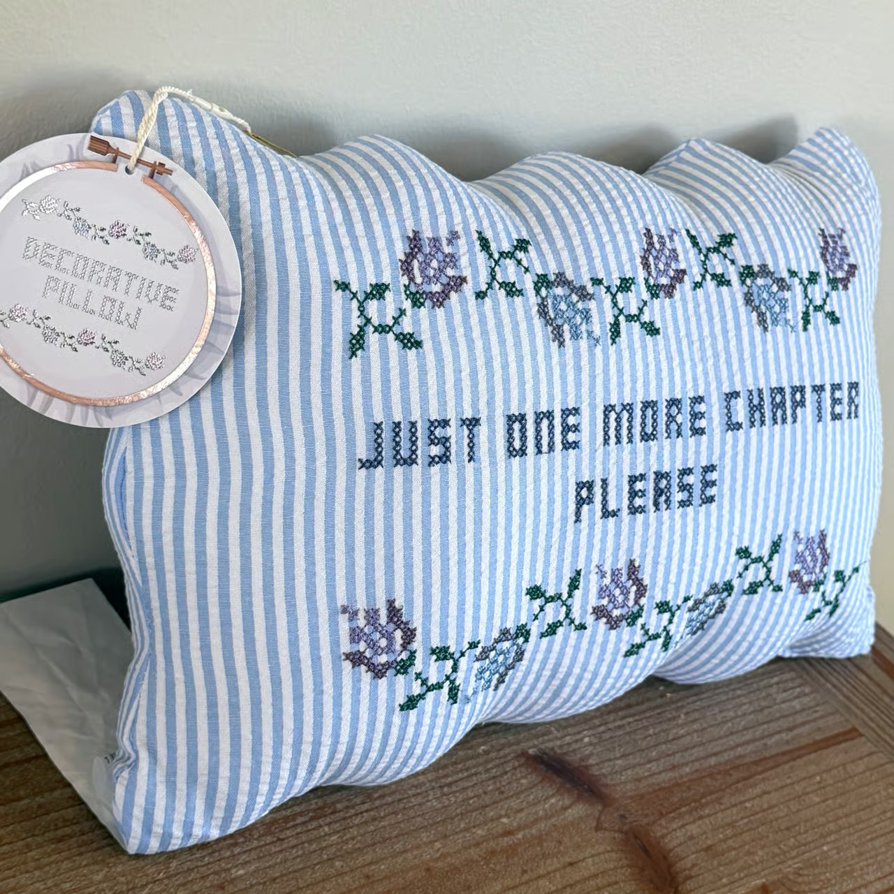 JUST ONE MORE CHAPTER PLEASE Cross Stitched Decorative Pillow Floral Stripe NWT gallery