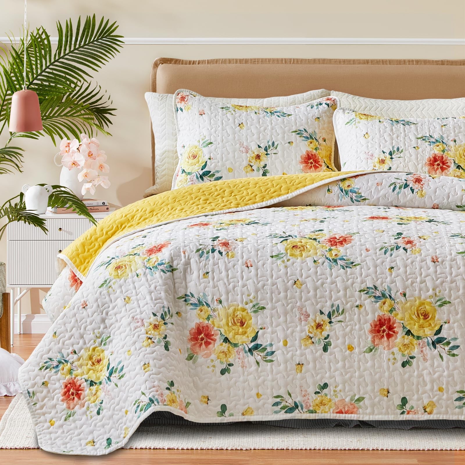 Uozzi Bedding Floral Quilt Set 3 Pieces King Size White Orange Yellow Flower gallery