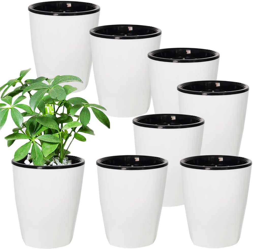 8 Pack 4 Inch Self Watering Plastic Planter with Inner Pot White Flower Plant Po