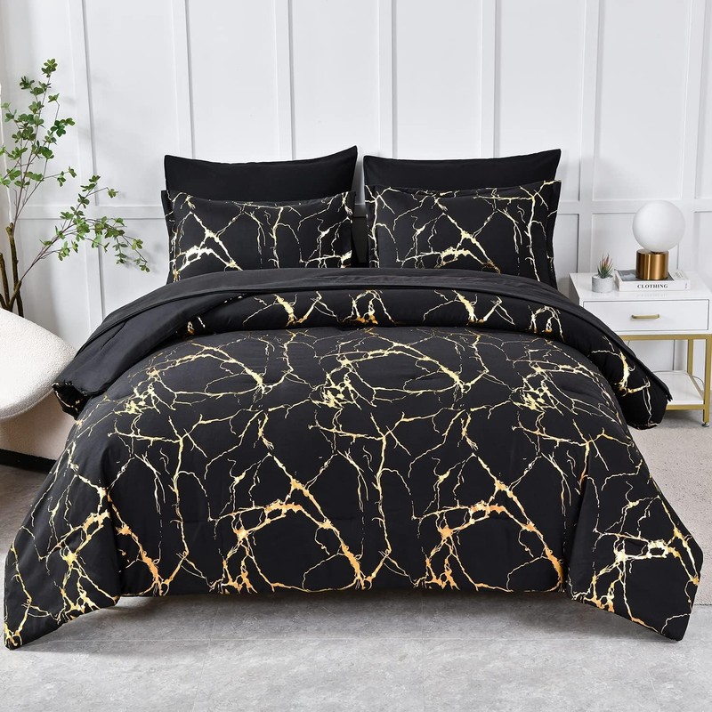 Gold Metallic Marble Comforter Set Queen Size,7 Piece Bed in a Bag,Foil Print... gallery