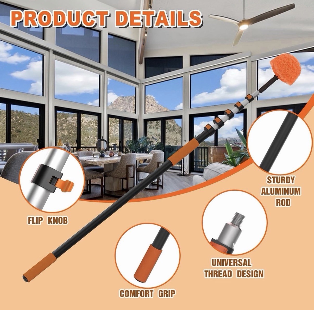Telescopic Duster Adjustable Aluminum Pole 5-24 ft Orange/Black Synthetic gallery