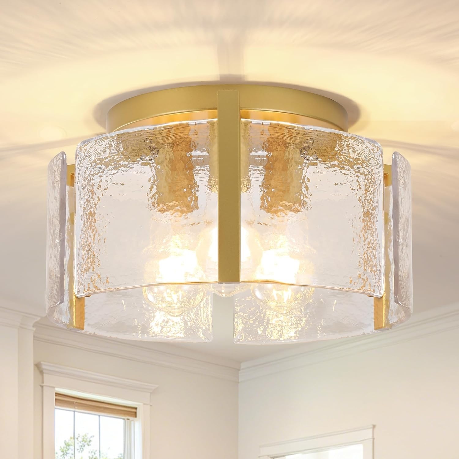 15" Gold Semi Flush Mount Ceiling Light 3-Light Drum Glass Fixture Modern- OB gallery