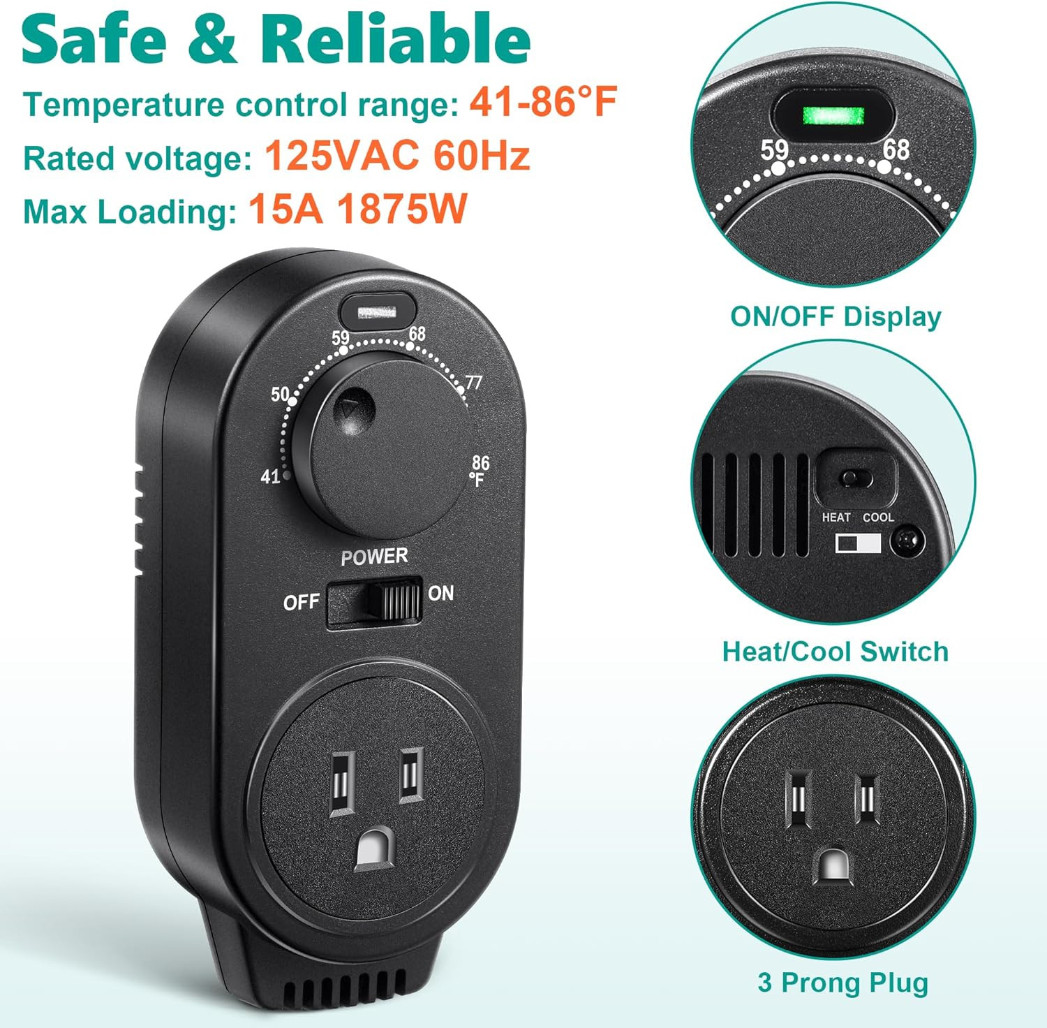 Adjustable Thermostat, Plug in Heating and Cooling Thermostat Controlled Outlet, gallery