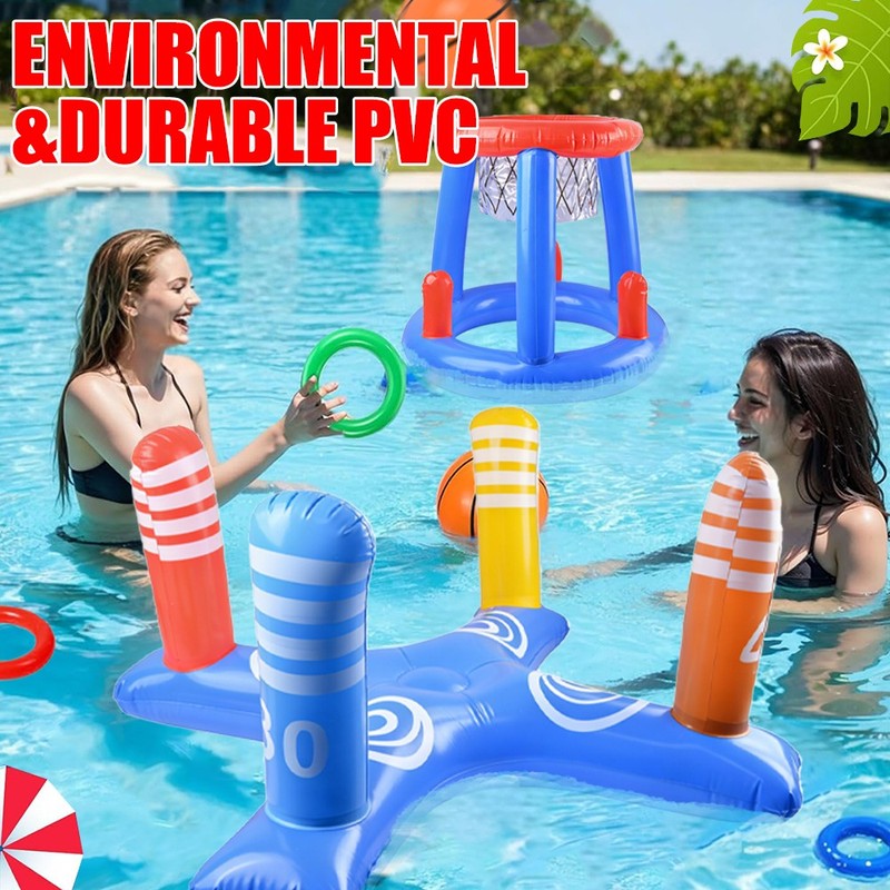 Inflatable Floating Swimming Pool Game Set Family Basketball Hoop Ring Toss Toys gallery