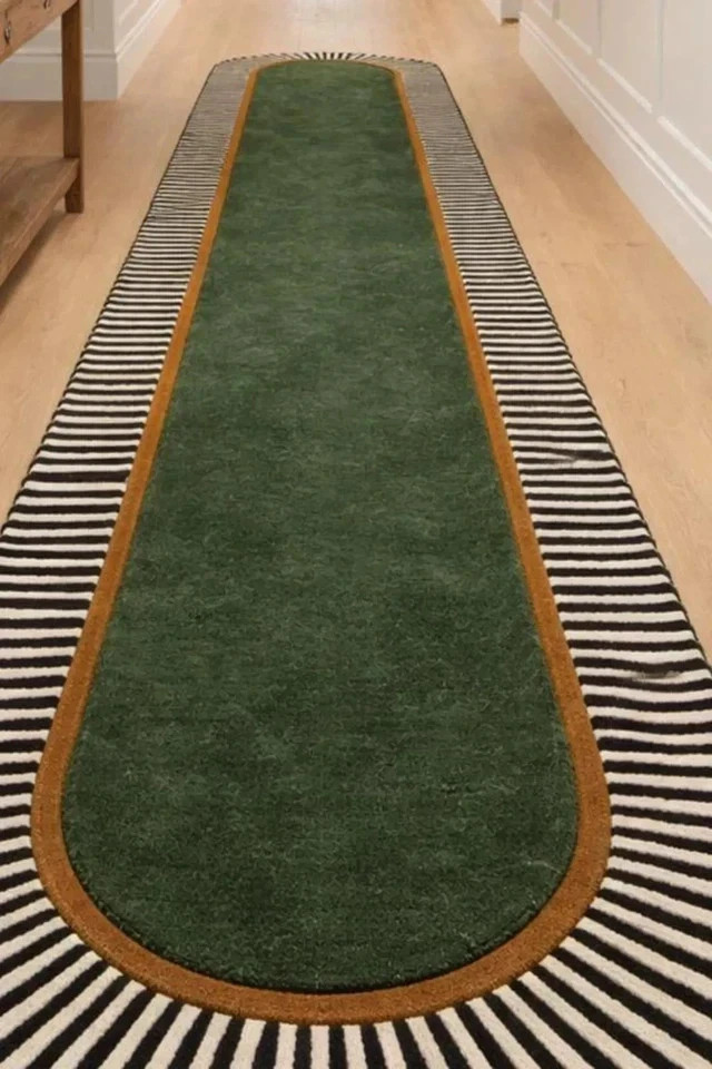 Hand-Tufted Modern Runner Carpet with Green Center & Striped Border gallery