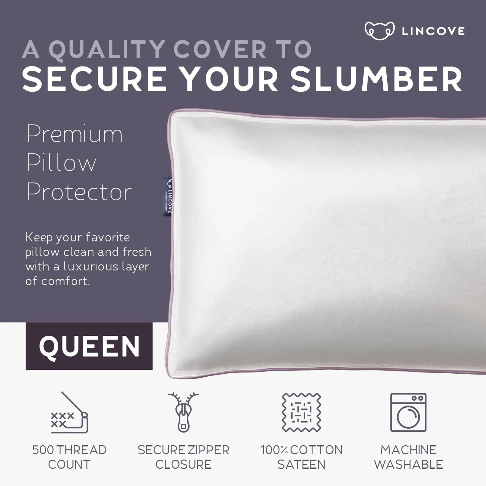 100% Cotton Sateen Pillow Protector Cover - PAIR Pillow Cover - 500 Thread QUEEN gallery