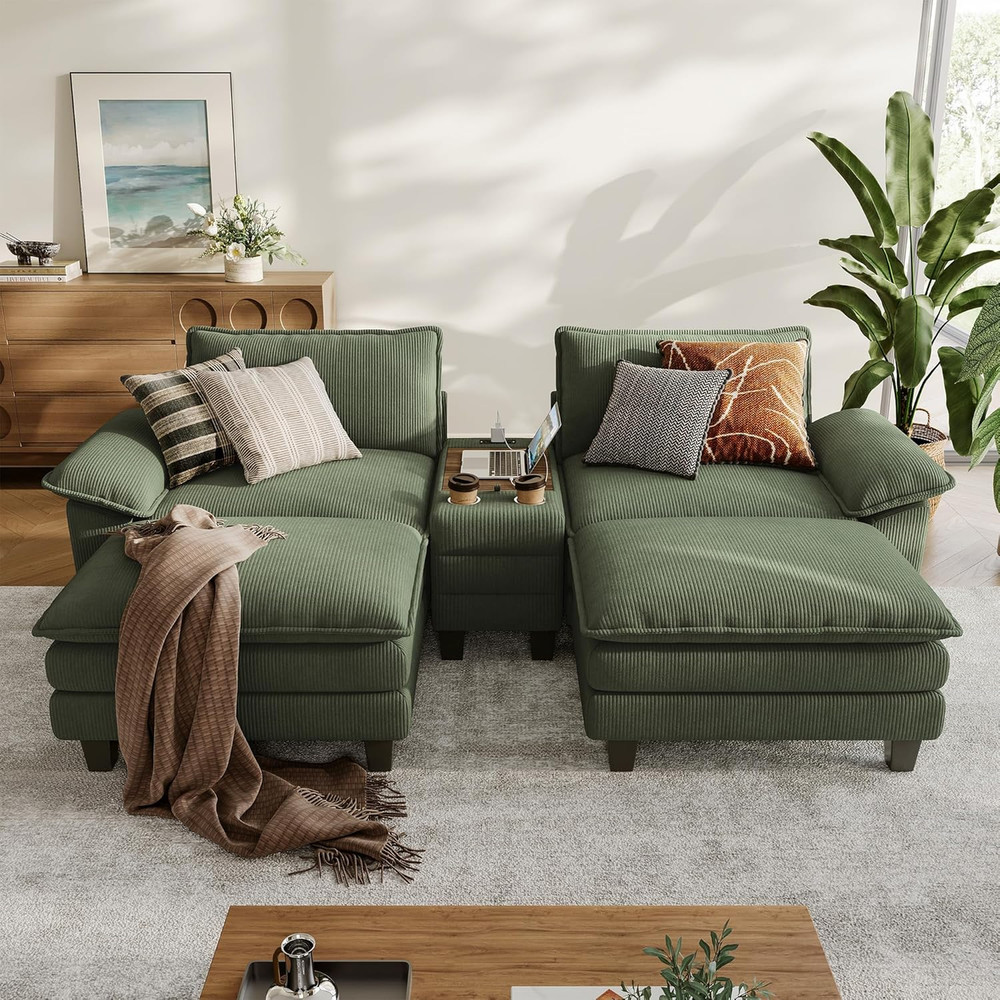 Comfy Green Modular Sectional Sofa with Storage, USB, and Cup Holders