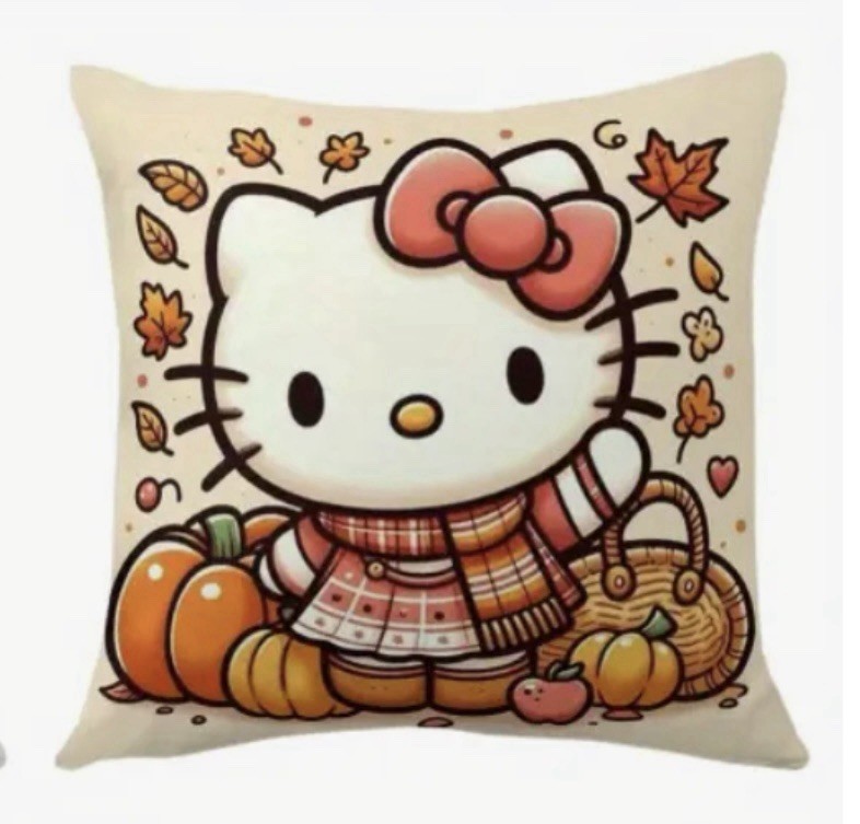 Hello Kitty Fall Thanksgiving Boho Holiday Throw Pillow Cover Home Decor 18” gallery