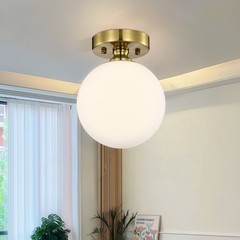 Gold Flush Mount Ceiling Light 7″ Opal Glass Globe Fixture for Hallway Bathroom
