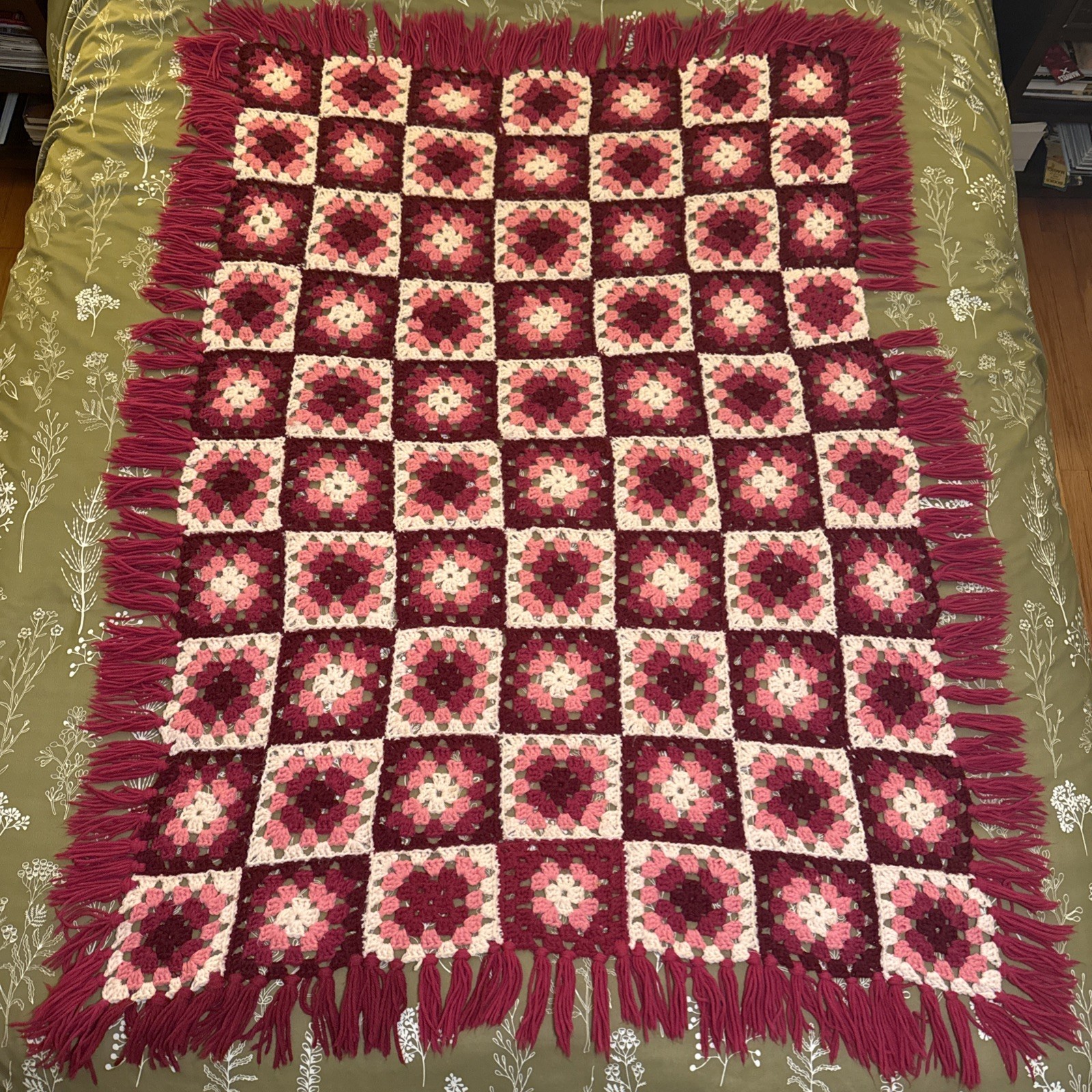 Handmade Afghan Granny Square Pink Red Knitted 60" x 45" Sofa Throw Fringe gallery