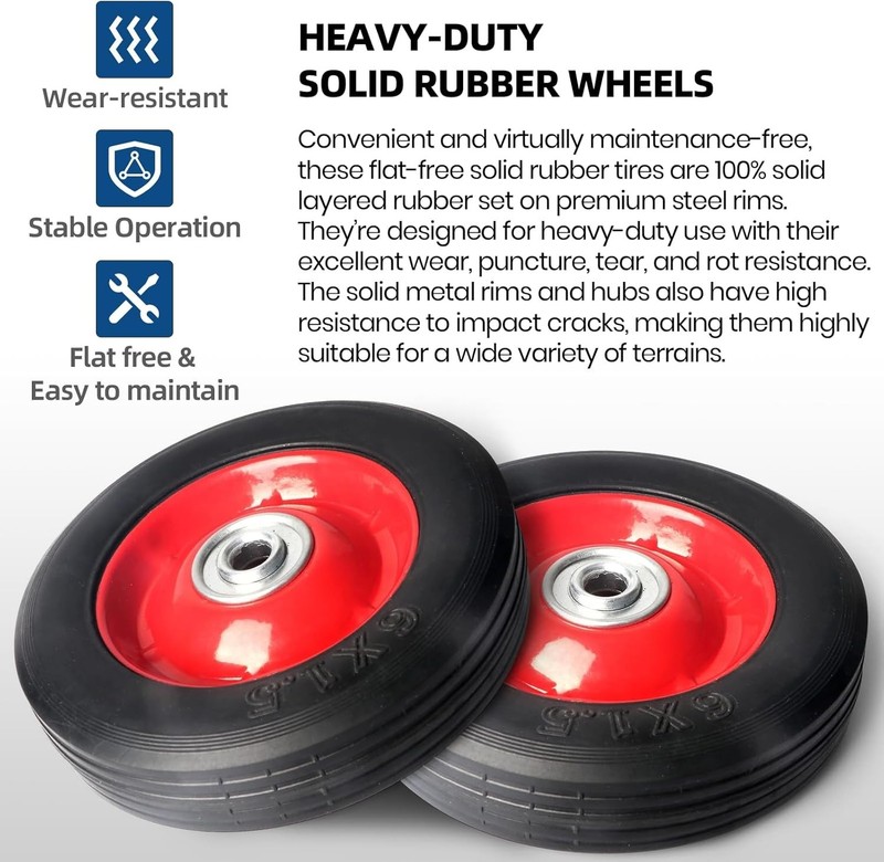 (2-Pack) 6” X 1.5” Flat Free Solid Rubber Wheel Assemblies - Replacement Hand T gallery