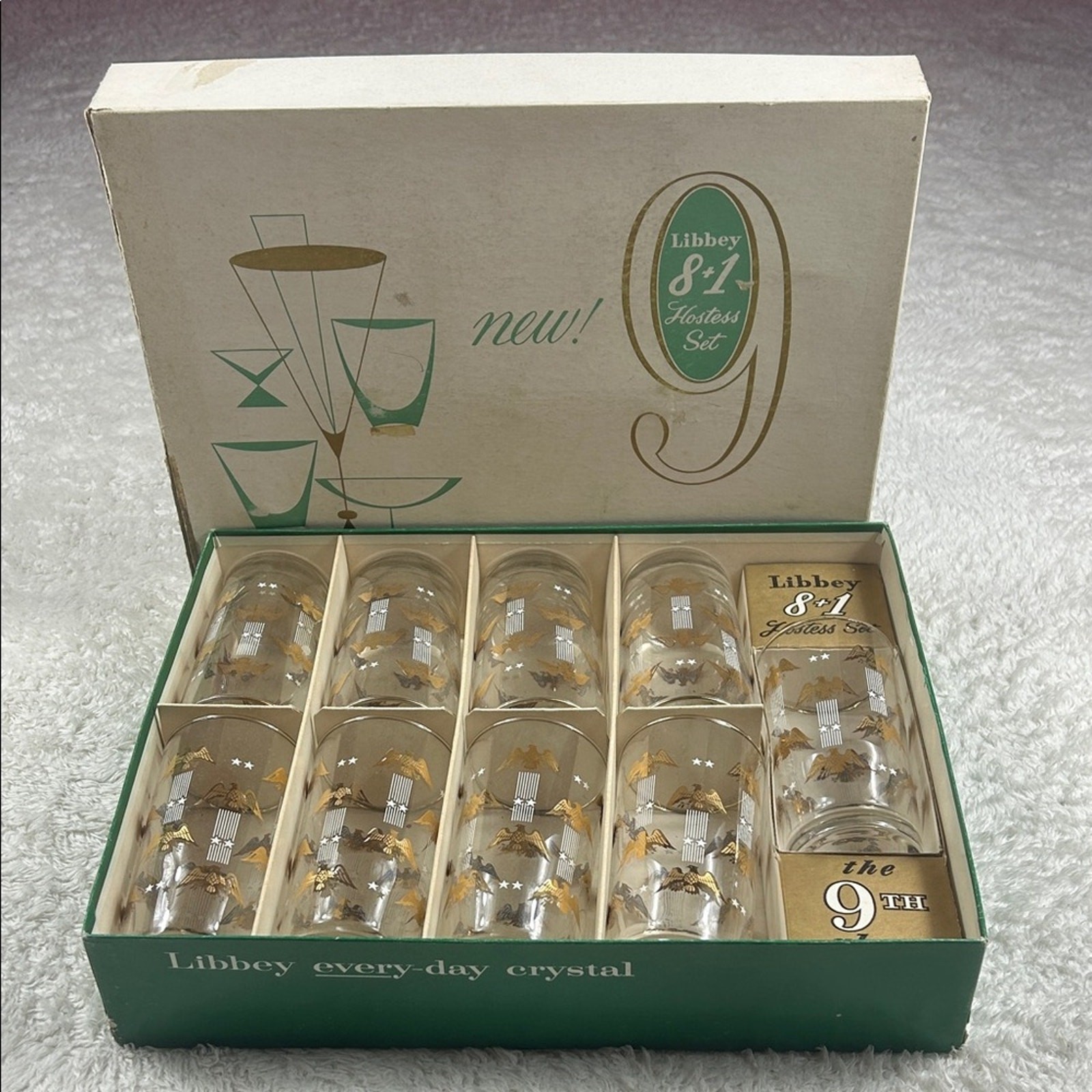 Vintage MCM Libbey Hostess Set 9 glasses Patriotic eagle with original box gallery