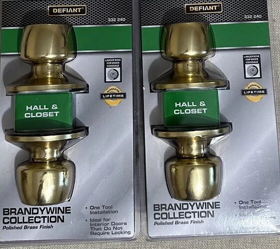 )2Defiant Brandywine Collection Polished Brass Finish Hall & Closet Door Handle