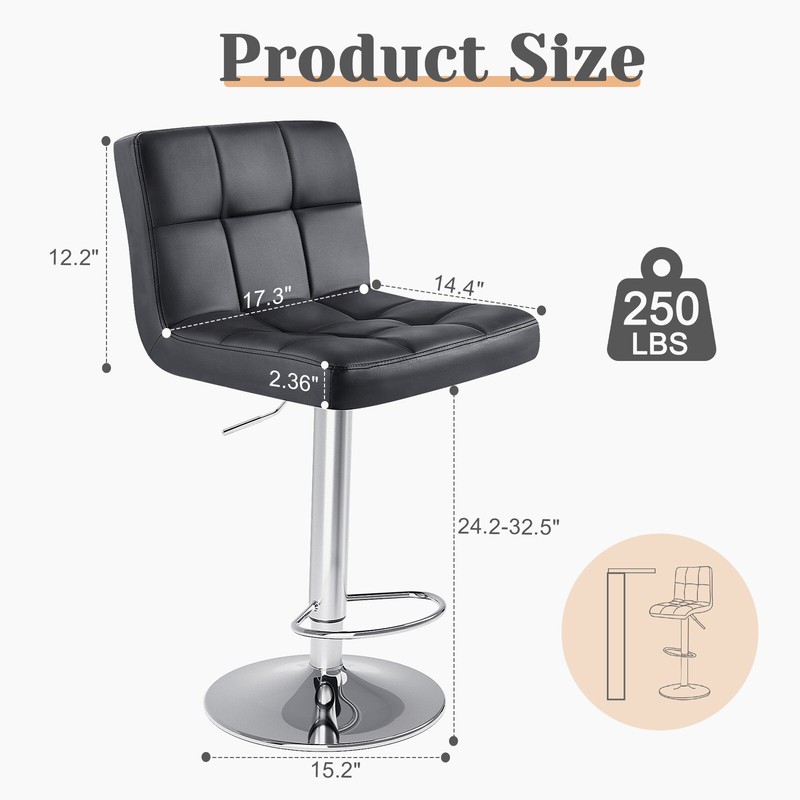 2 Set Bar Stools with Back Armless Adjustable Swivel PU Leather Kitchen Seat gallery