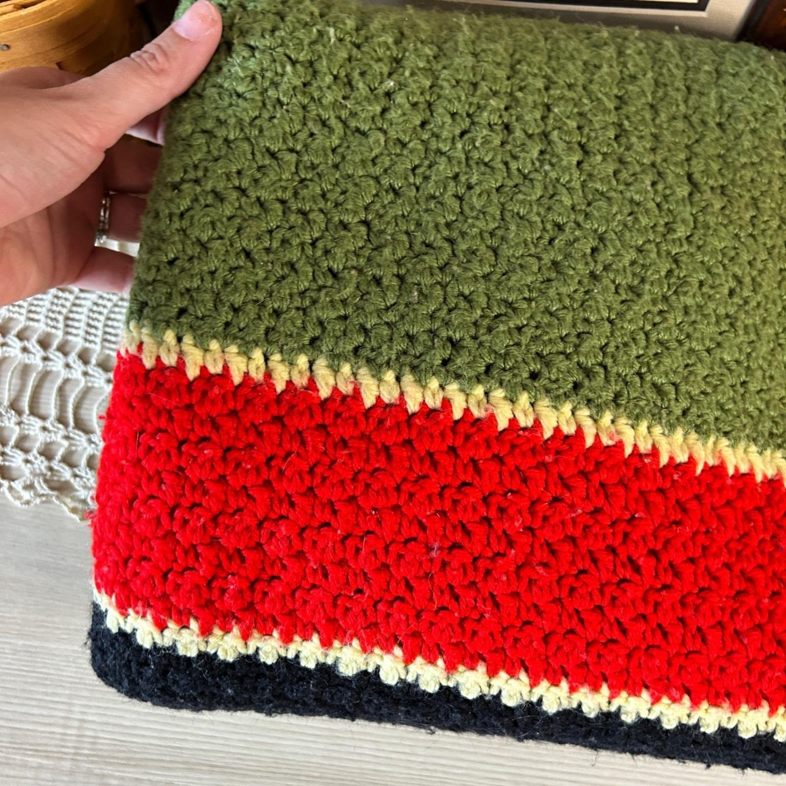 Handmade Crochet Throw Blanket Green Red Black Stripes Cozy Retro Blanket Rustic gallery