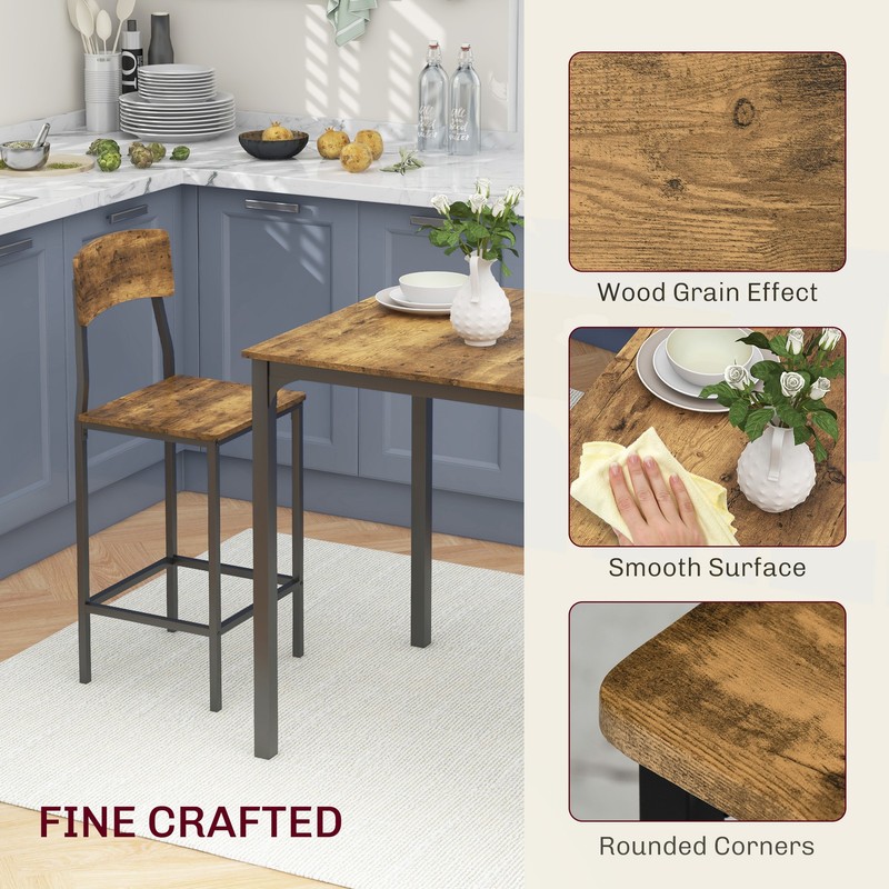 3 Piece Pub Table Set, Square Dining Table & 2 Stools, Rustic Brown/Black gallery