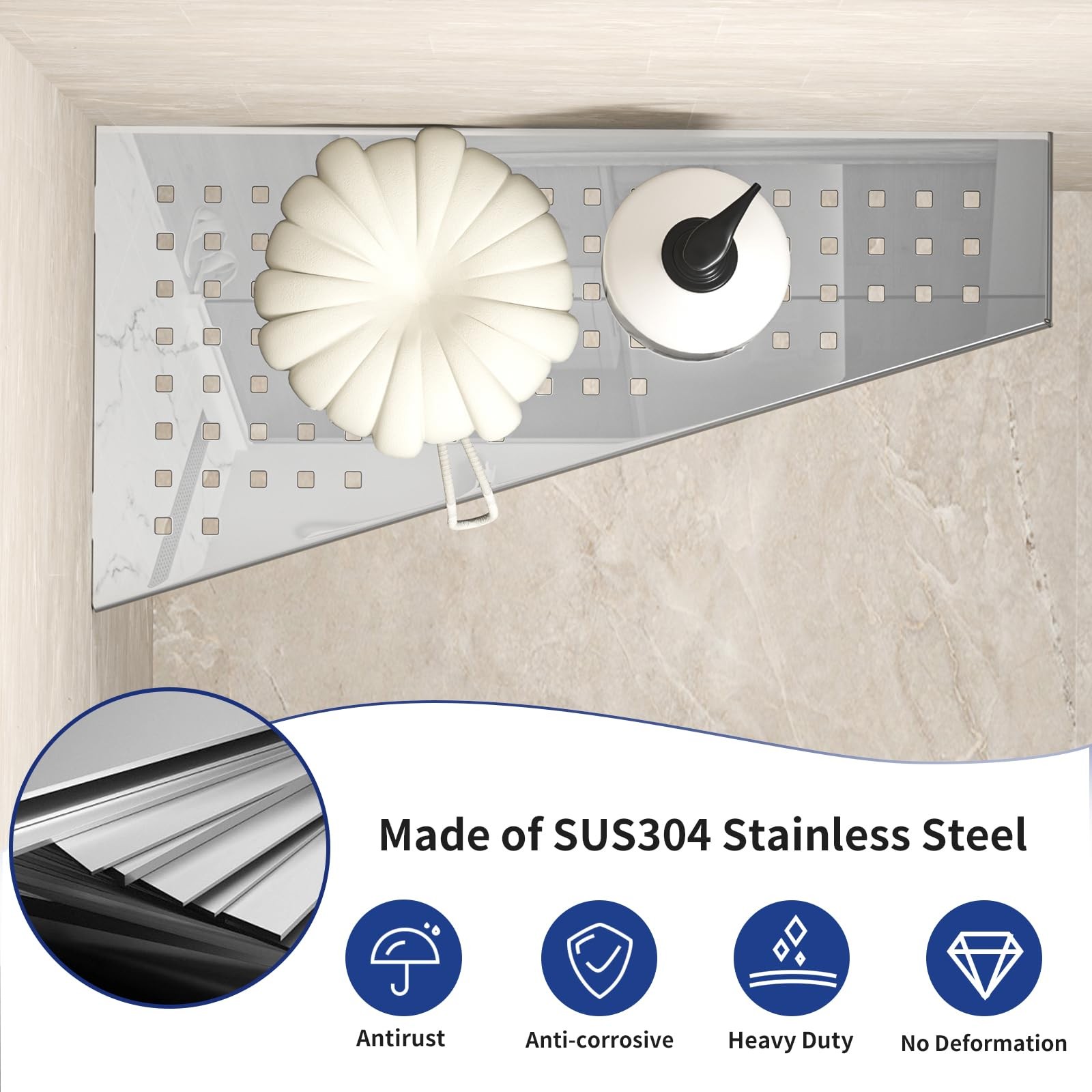 Corner Shower Shelf 12" Polished 304 Stainless Steel Recessed Trapezoid Grout gallery