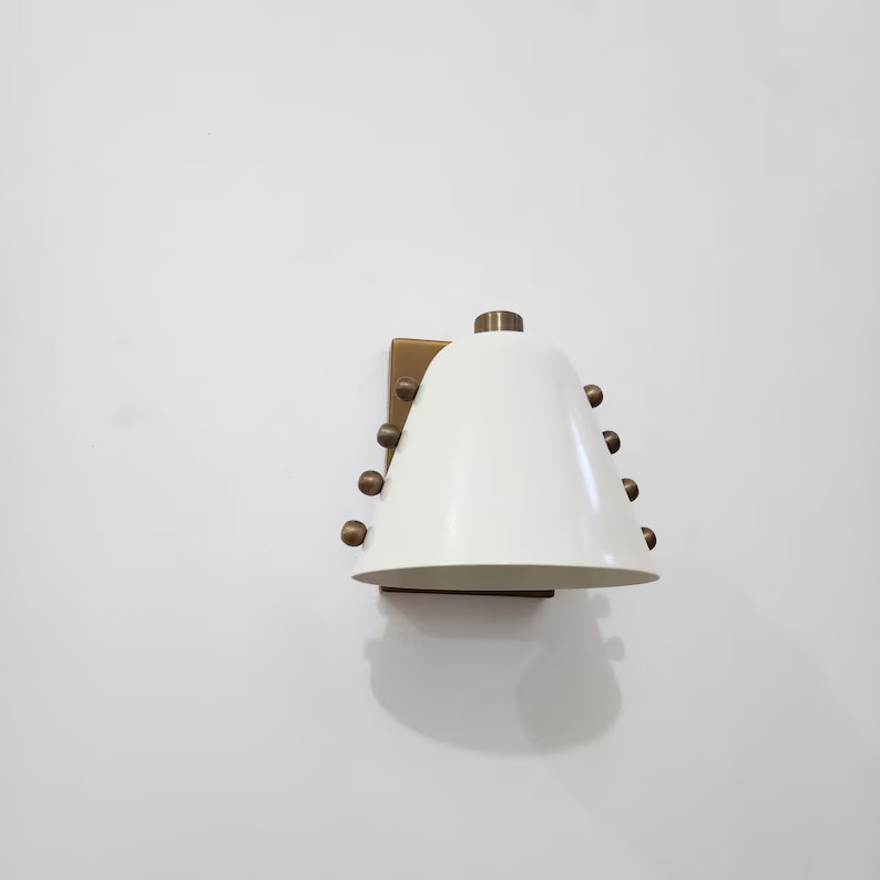 Bold Cone Brass Wall Sconce Brass & White Cone Light with Decorative Rivets gallery