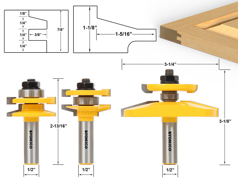 Raised Panel Cabinet Door Router Bit Set Shaker- 1/2" Shank - Yonico 12350