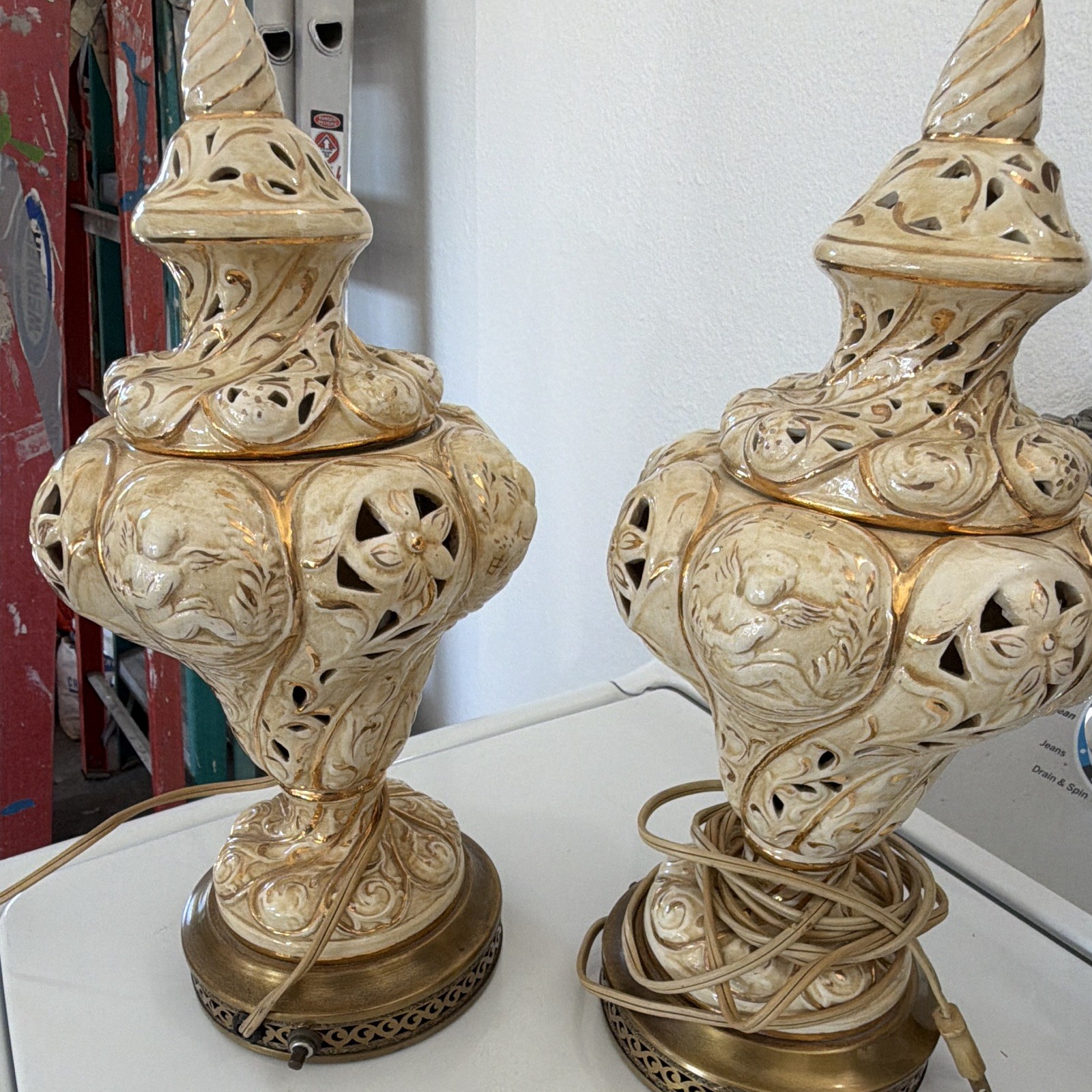 Antique Pair Beige Gold Ceramic Table Lamps w/ Metal Base, Corded, Knob Control gallery