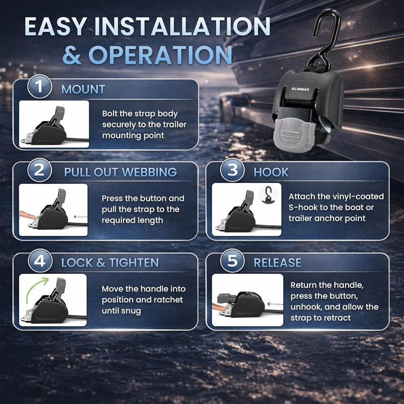 Retractable Boat Transom Tie down Straps, 2 X 43 Inch 2500 Lbs Break Strength, 8 gallery