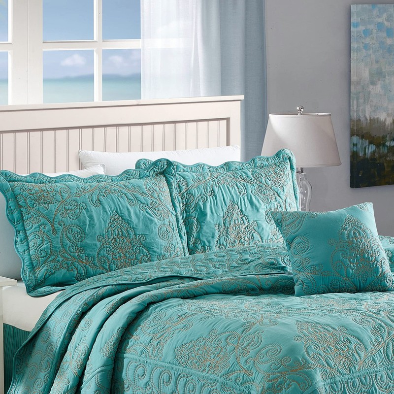 Home Soft Things Damask 4 Piece Bedspread Set,Scalloped Edge Reversible Quilt Co gallery