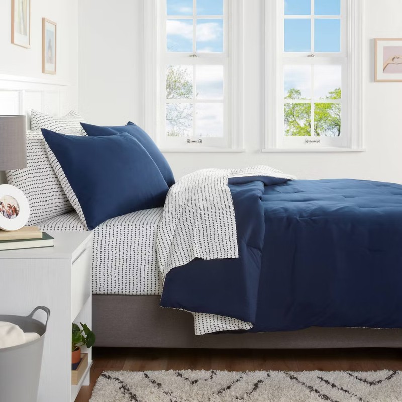 7pc Queen Solid Microfiber Comforter & Sheets Set Navy/Gray - Room Essentials gallery
