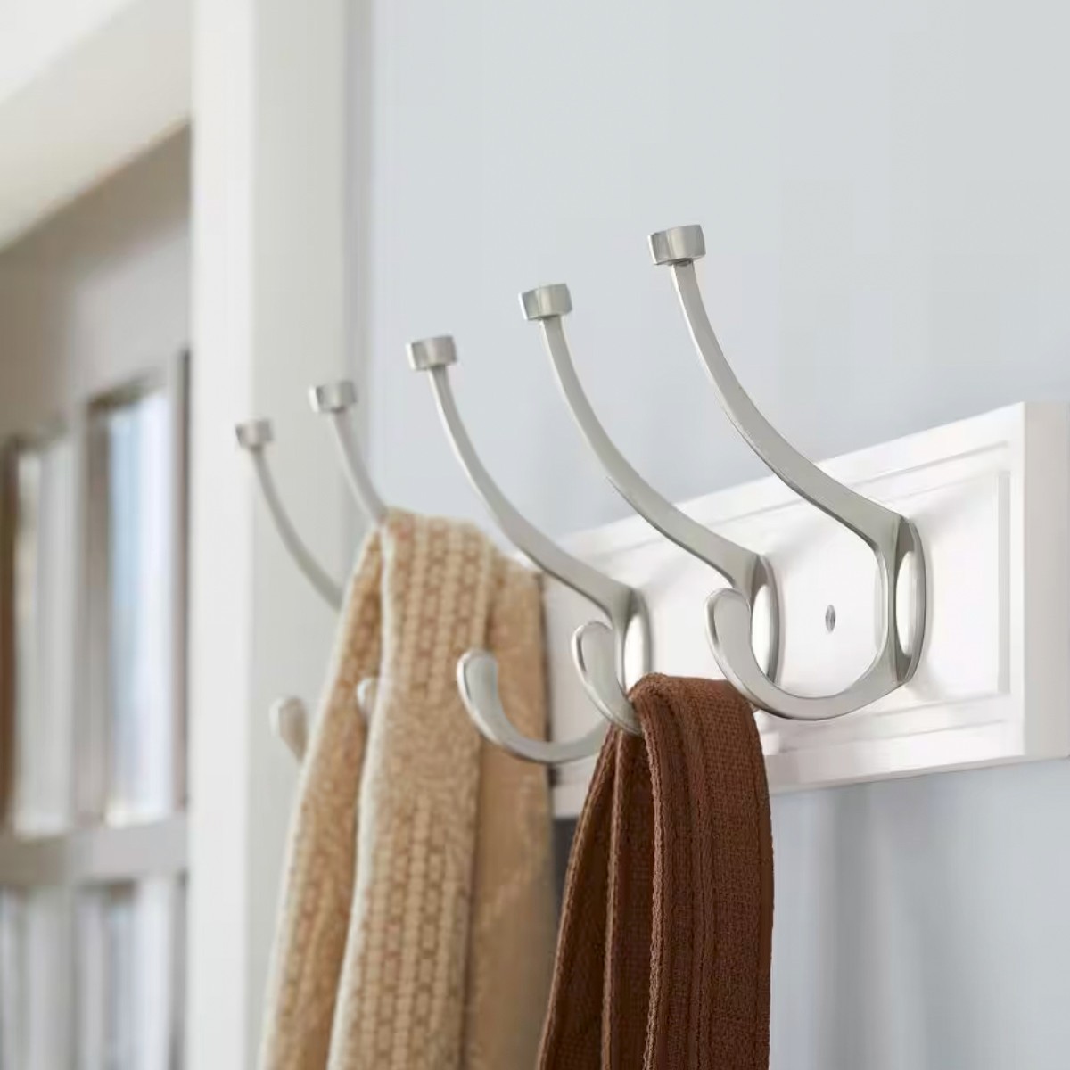 27-In White Wall Hook Rack with 5 Satin Nickel Hooks – Coat Hat Robe Organizer gallery