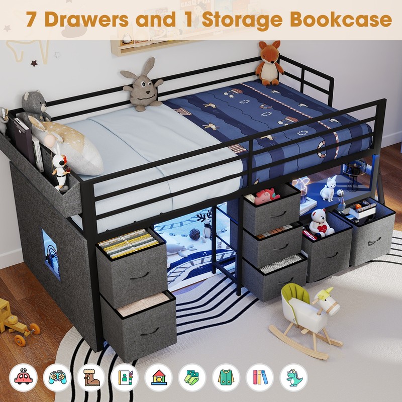 Twin Size Loft Bed Frame with 7 Storage Drawers, Bookcase Desk and LED Lights gallery