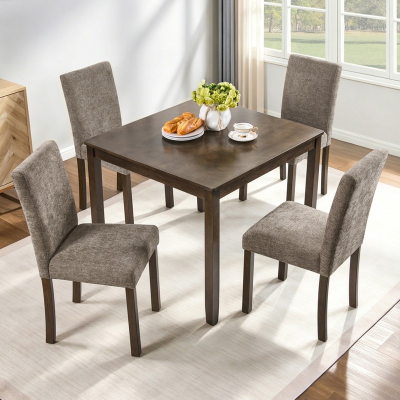 5-Piece Rustic Dining Table Set Square Wood with 4 Chenille Upholstered Chairs gallery
