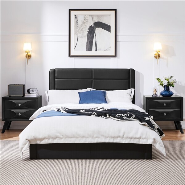 2pcs Almost Fully-assembled 2-Drawer Nightstand w/ Solid Wood Legs for Bedroom gallery