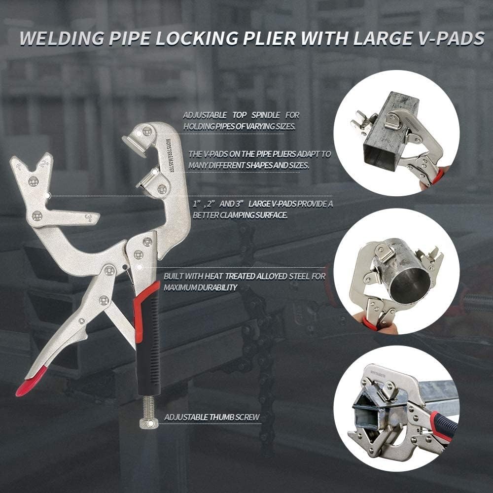 Welding Pipe Plier Clamp, Fast Release, C-Clamp Locking with Large V-Pads, 10 In gallery