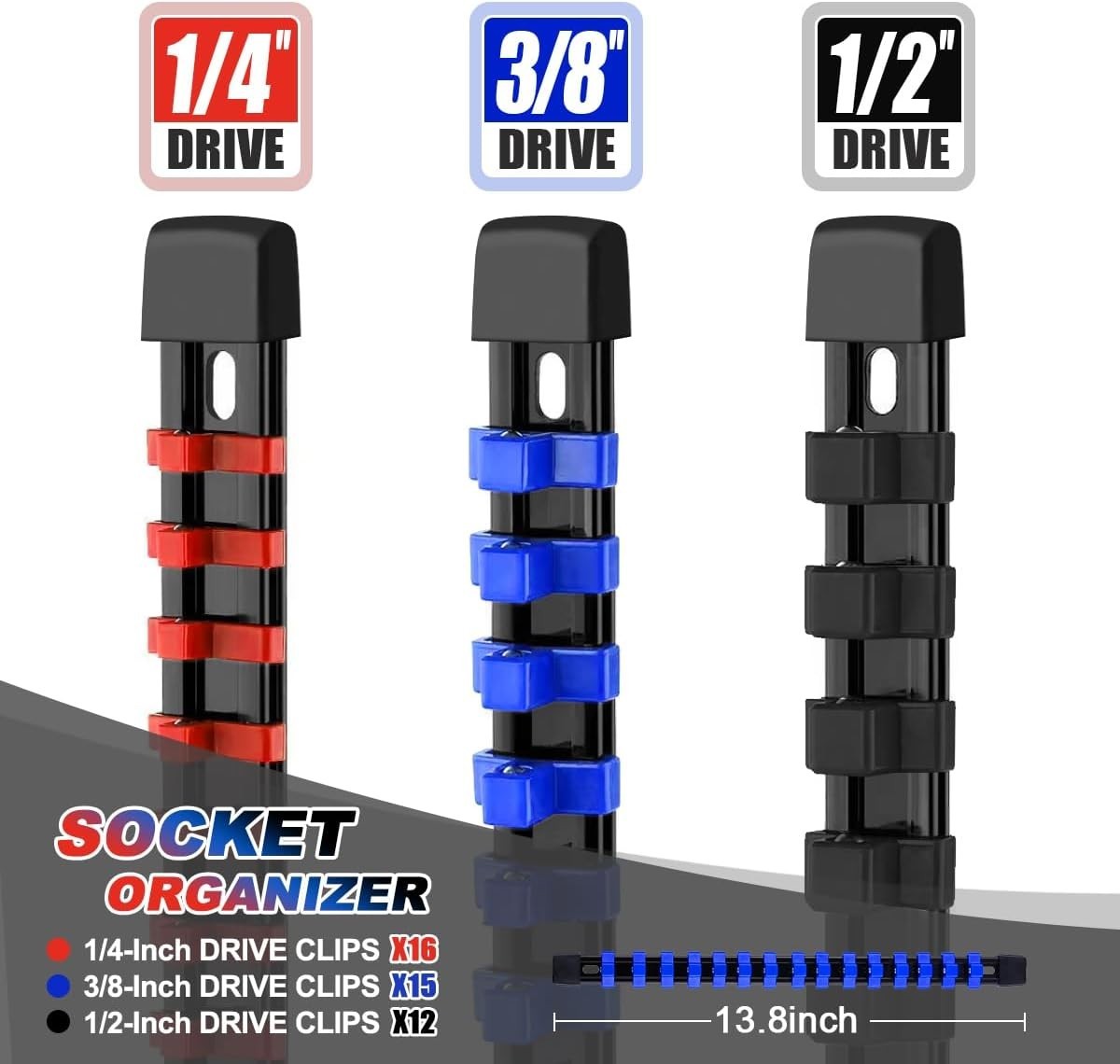 3-Piece Socket Organizer Rail Set, Heavy Duty Socket Holder for 1/4", 3/8", 1/2" gallery