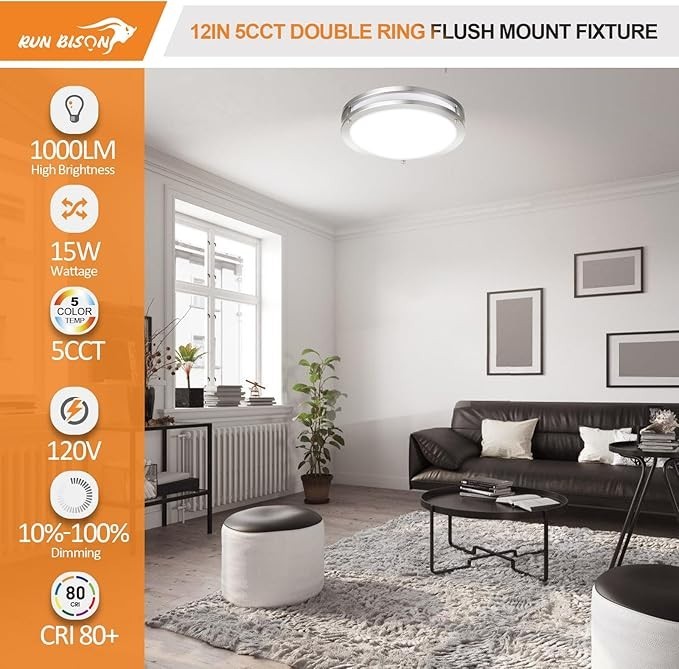 LED Ceiling Light 4000K Flush Mount Fixture Dimmable Double Ring 10"/12"/14" gallery