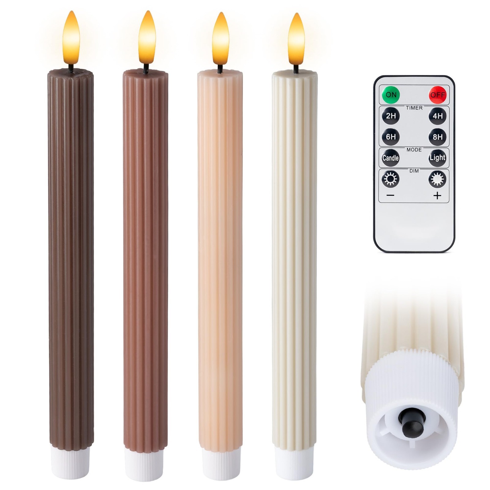 4pk 10" LED Flameless Taper Candles Mocha Brown Ribbed with Remote On/Off gallery
