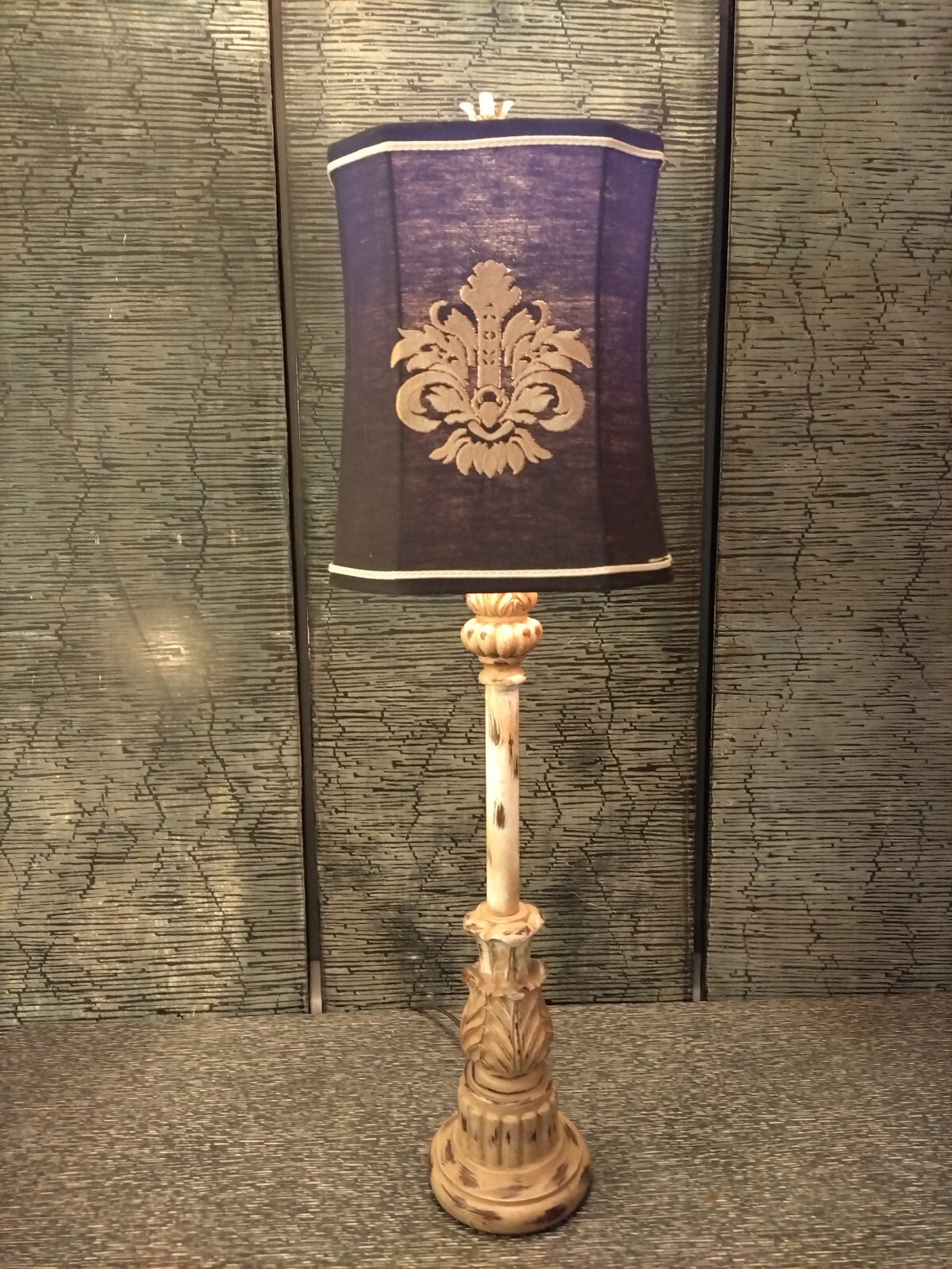 Solid Wood Tall Table Lamp 30" Hand painted Faux Ritzy & Black shade Embroidered gallery