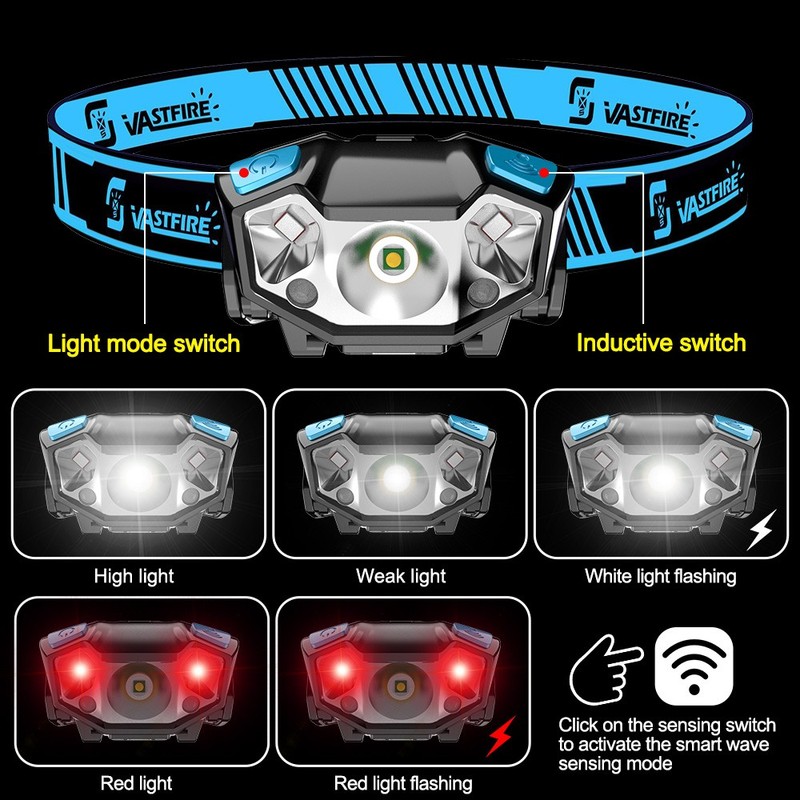 Mini Strong LED Headlamp Work Light Wave Sensor Red Light USB Rechargeable Lamp gallery