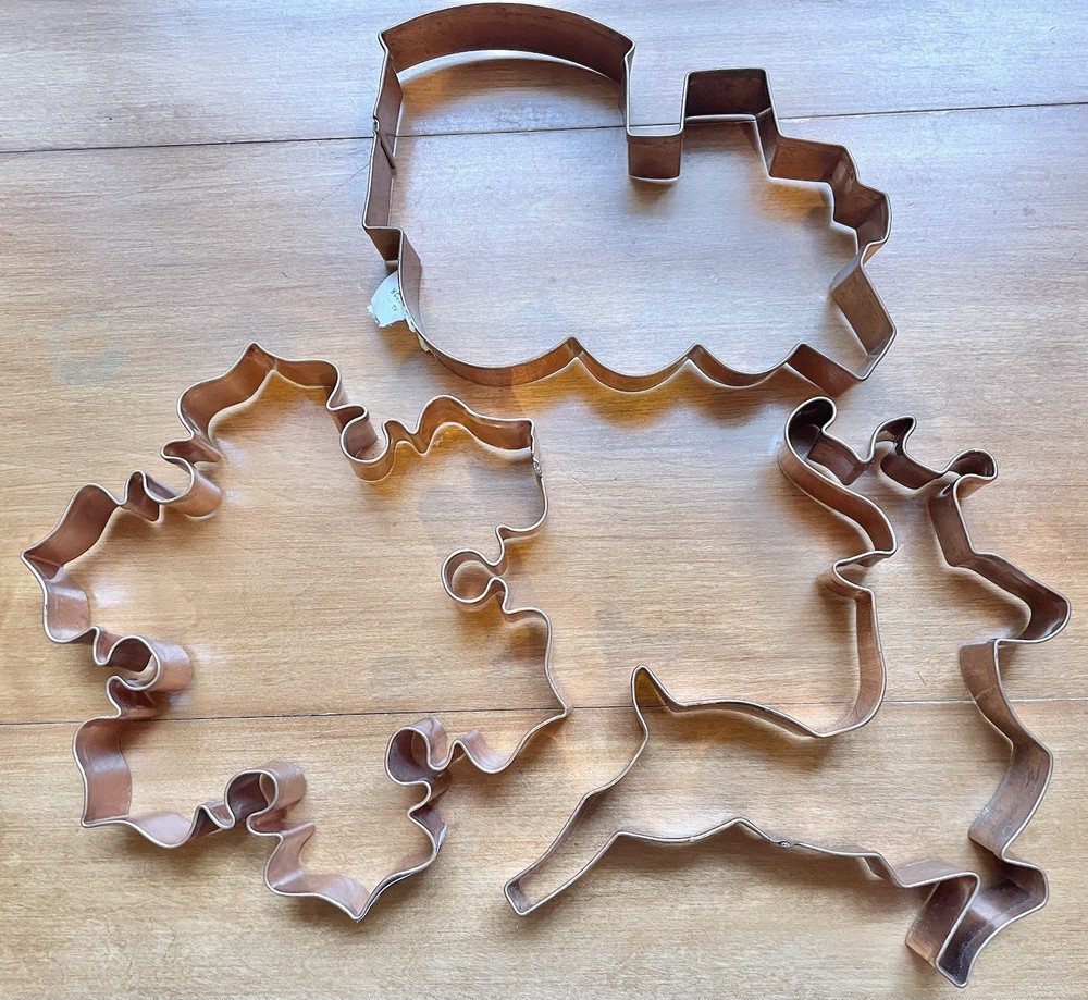 3 OLD RIVER Copper Christmas Cookie Cutters Reindeer Train Snowflake Lg Vintage