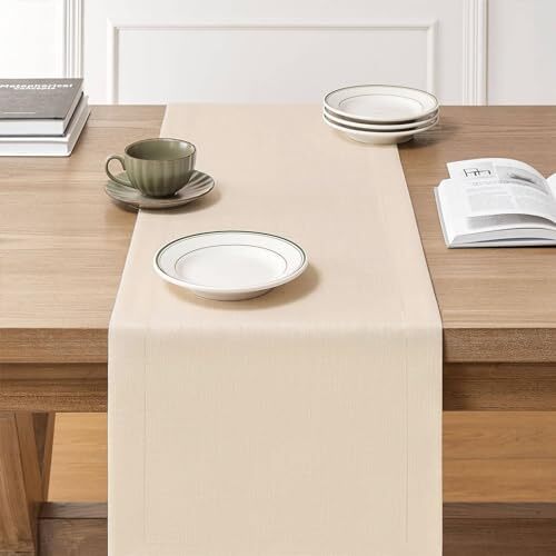 Linen Textured Border Table Runner, 14 x 48 Inch Farmhouse 14x48 Inch Cream gallery