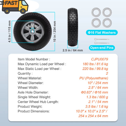 Solid PU Run-Flat Tire Wheel Flat Free Tubeless Tire 10" 2-Pack 180 - 400 lbs