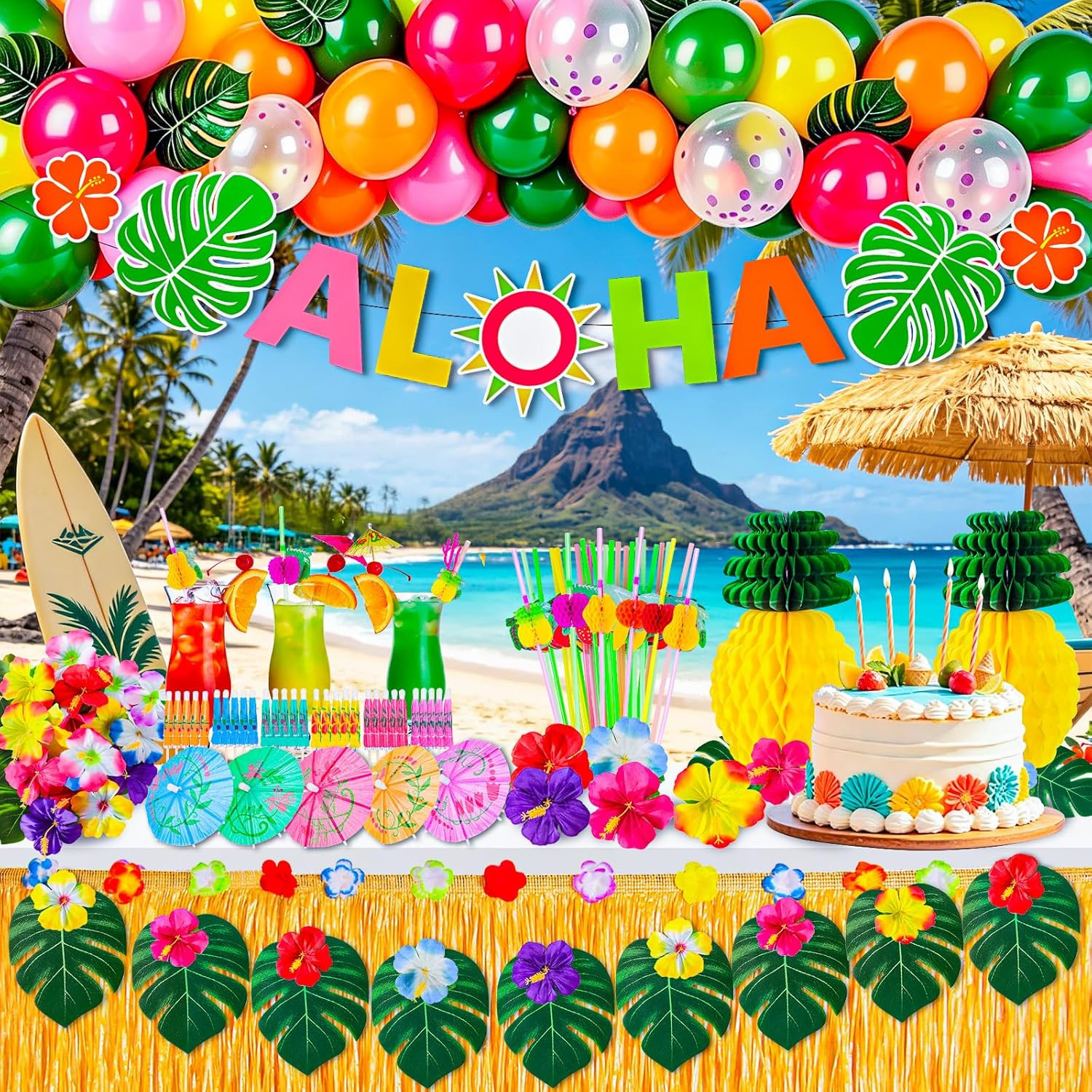 200 Pcs Aloha Luau Party Decorations Set, Hawaiian Tropical Summer Beach Party S gallery